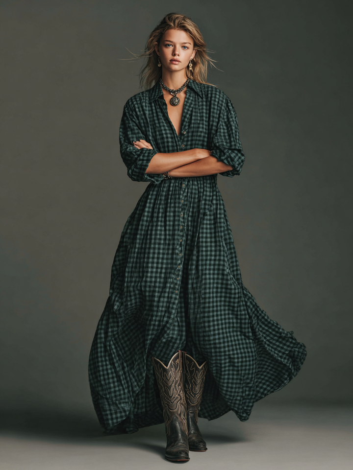Vestido largo camisero de cuadros de manga larga para mujer