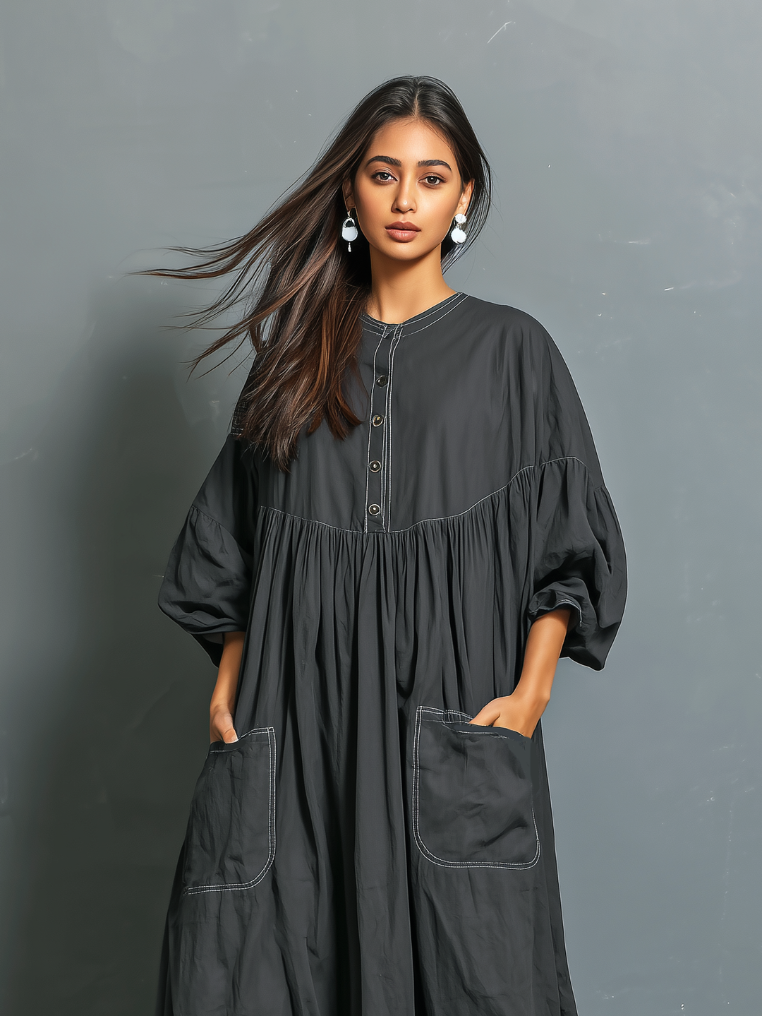 Vestido largo suelto de manga media con cuello redondo tejido gris oscuro casual para mujer