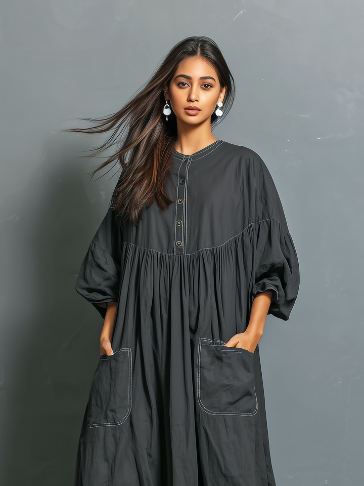 Vestido largo suelto de manga media con cuello redondo tejido gris oscuro casual para mujer