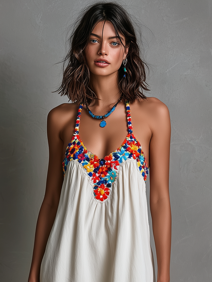 Minivestido minimalista con tirantes finos, bordado colorido, para mujer