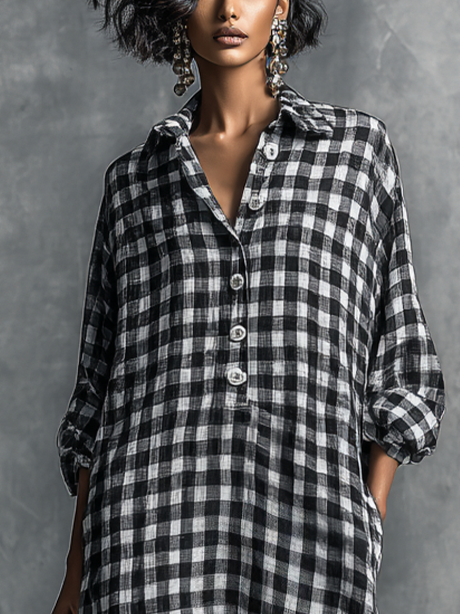 Women's Casual Black And White Checkered Shirt-style Long Dress