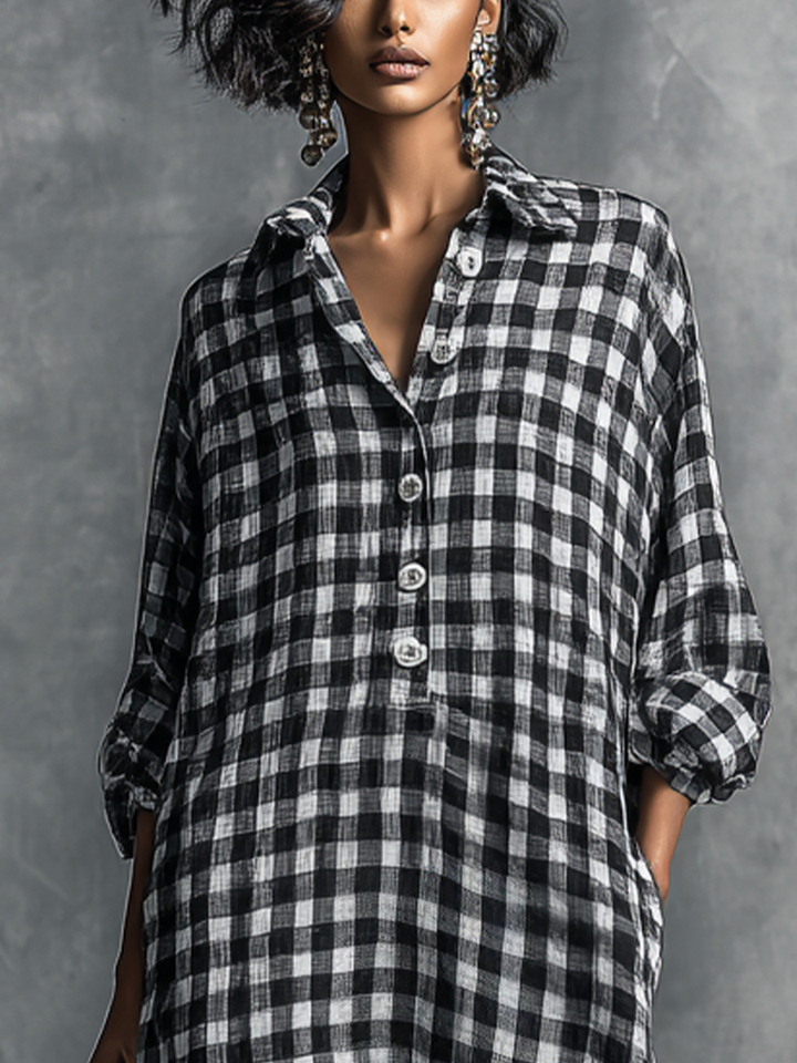 Women's Casual Black And White Checkered Shirt-style Long Dress