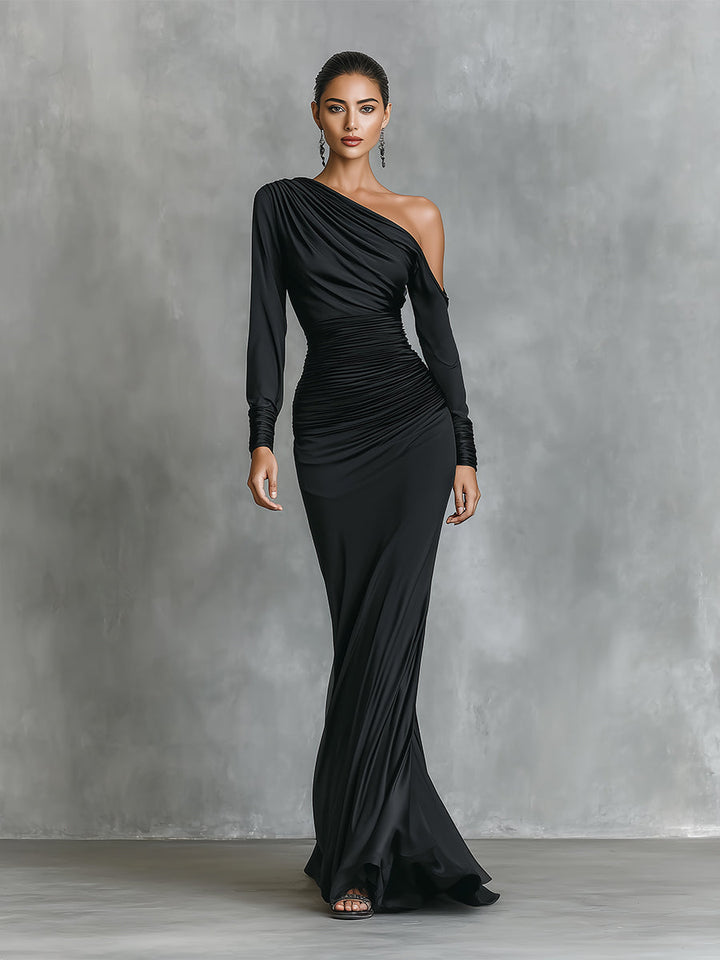 Vestido maxi de satén negro elegante con un solo hombro y fruncido estilo sirena para mujer