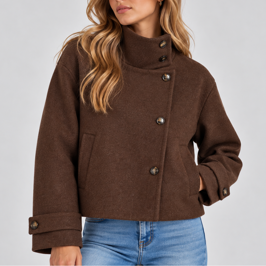 Women's High Neck Cropped Jacket with Button Front