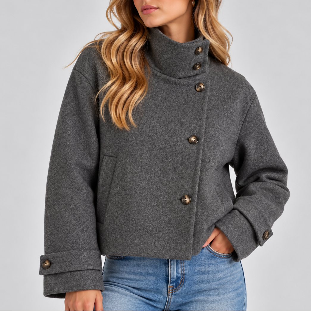 Women's High Neck Cropped Jacket with Button Front
