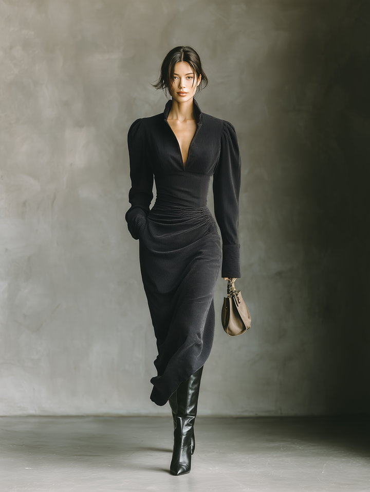 Damen Cord Maxikleid mit V-Ausschnitt und Taillierung
