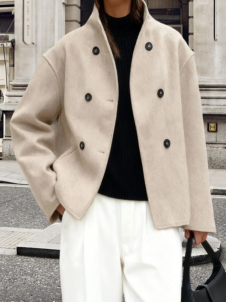 Elegant Wool High Pea Coat for Women with Stand Collar Long Sleeve Double Breasted Cropped Style