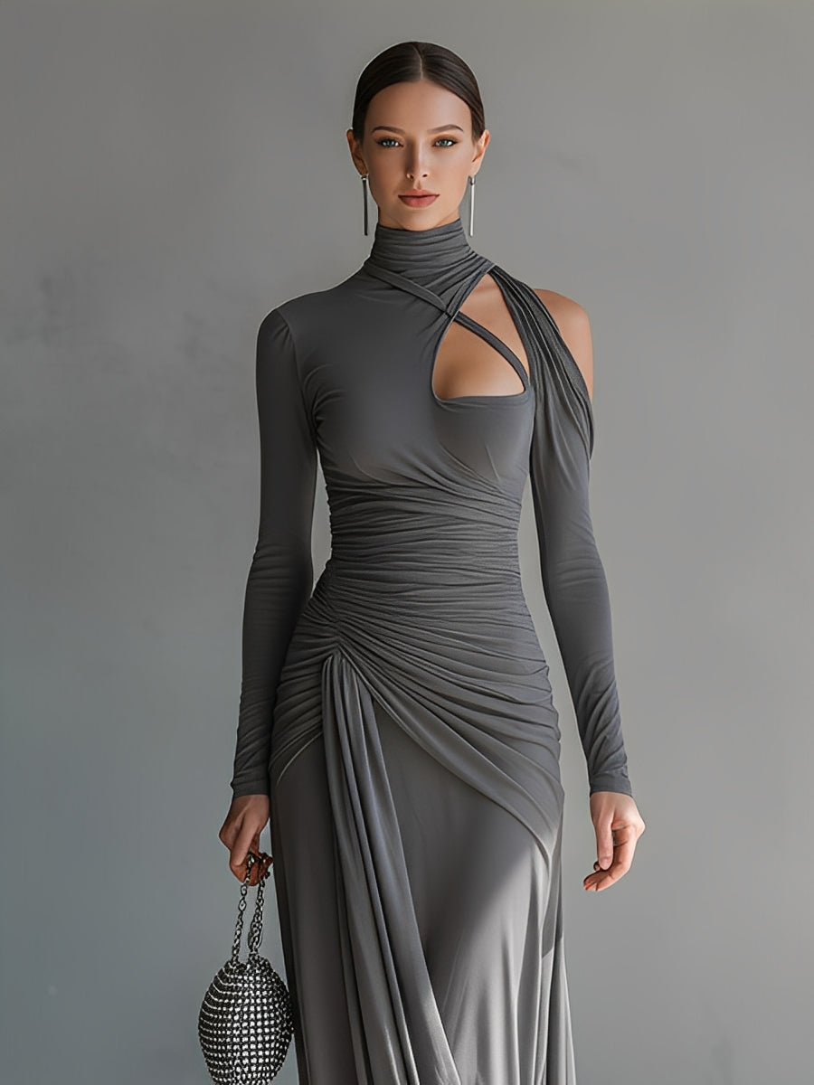 Damen Graues seidiges Stretch anspruchsvolles gerafftes Cut-Out Maxikleid MDA0546K6I