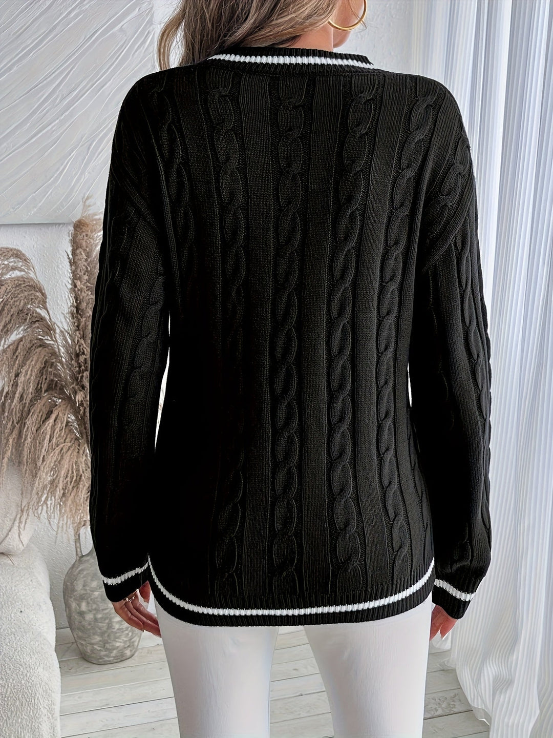 Comfortable Cable Knit Sweater for Women with V Neck Long Sleeve Striped Trim Relaxed Oversized Style