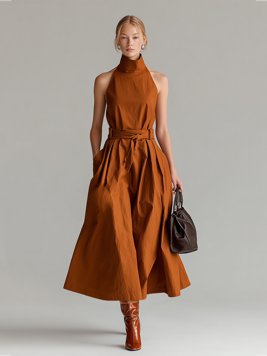 Women's Rust Cotton Dress With Halter Neck & Self-Tie Waist Belt, Timeless Minimalist-Elegant Style Dress