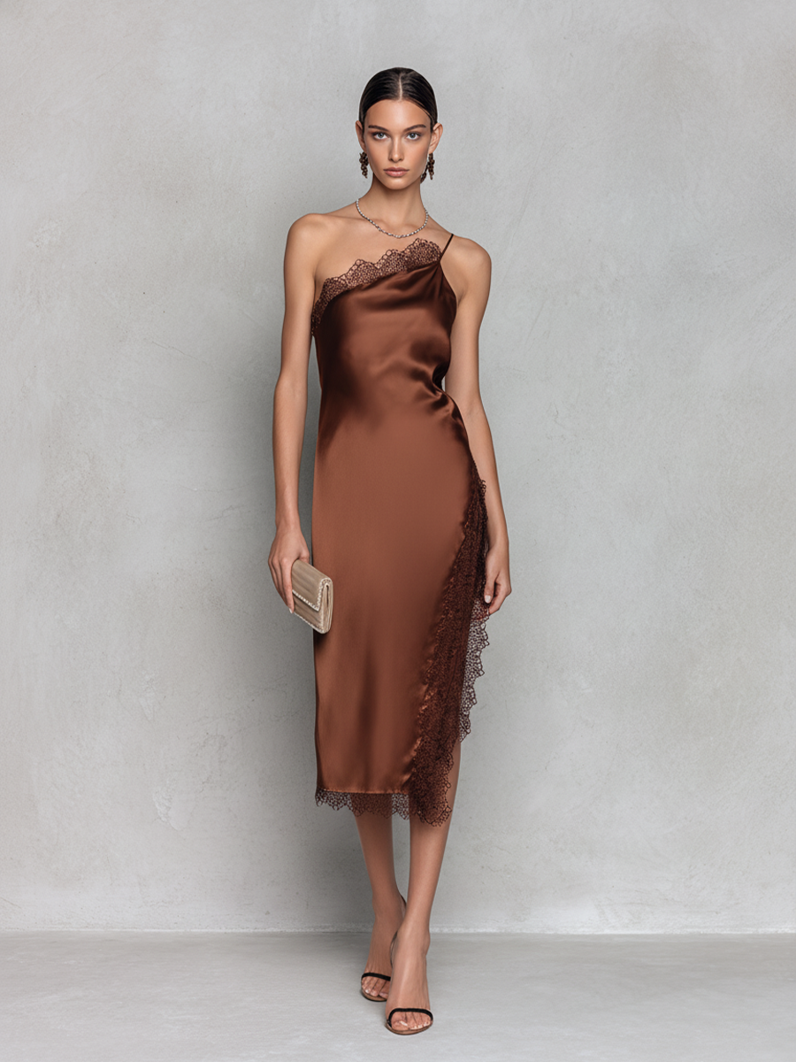 Women's Brown Stretch Satin One-Shoulder Lace Trim Midi Dress
