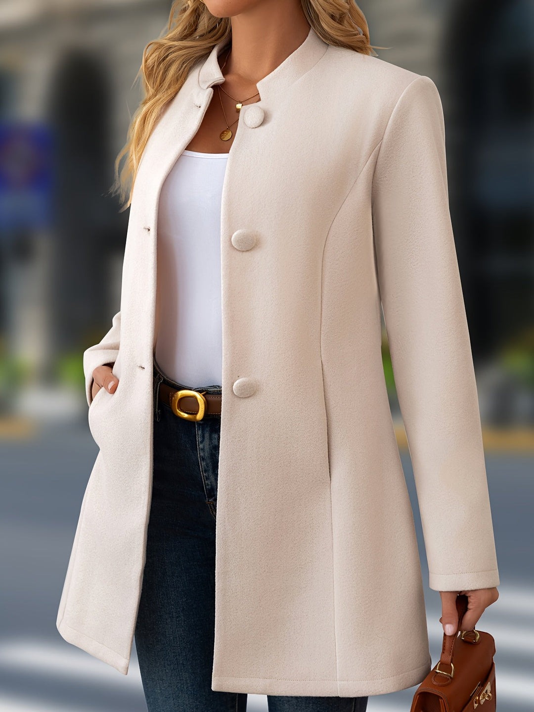 Elegant Wool Coat for Women with Stand Collar Button Front Belted Waist