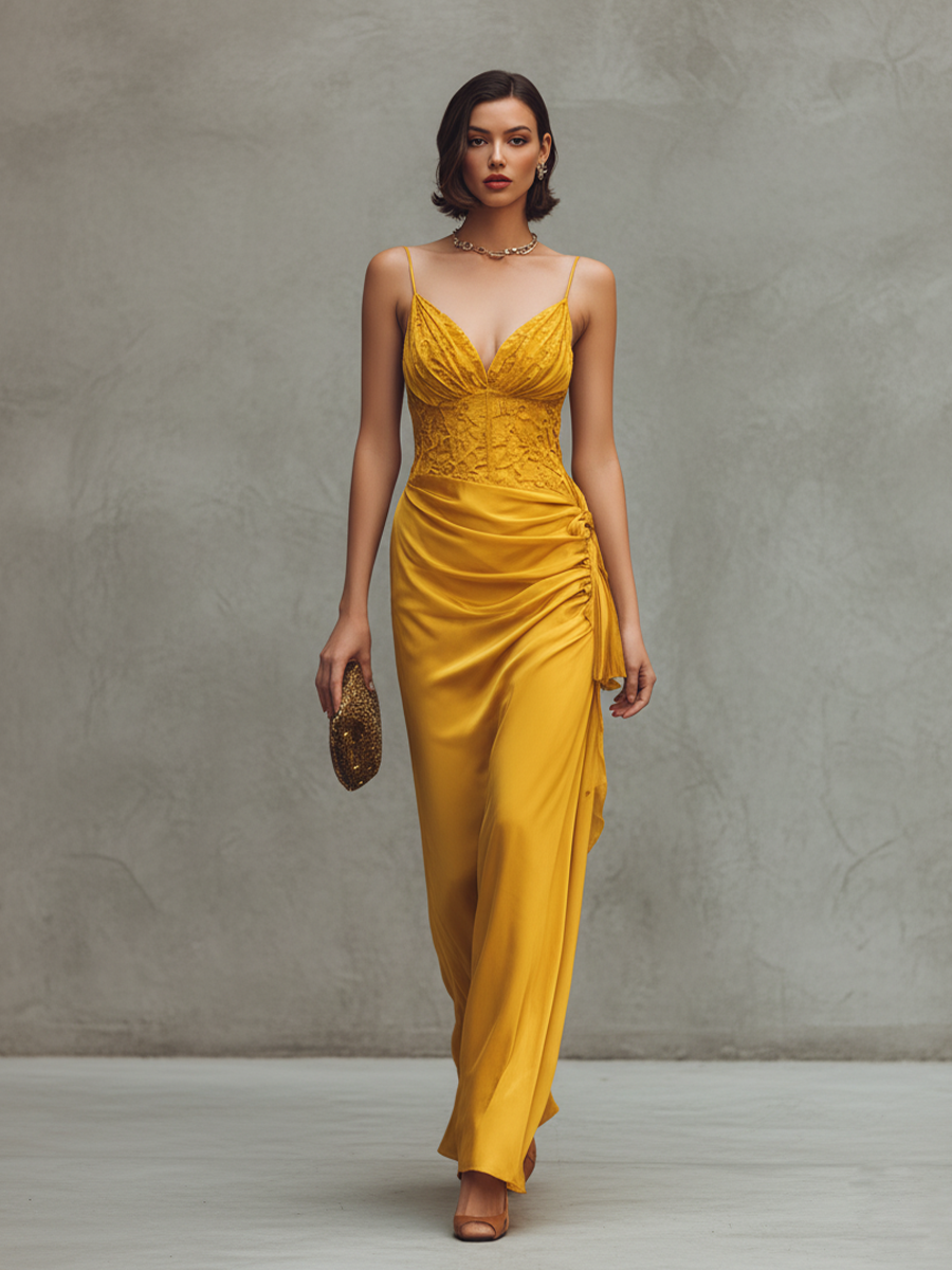Women's Yellow Stretch Satin And Lace Spaghetti Strap Maxi Dress