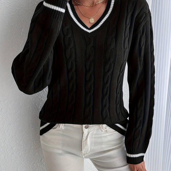 Comfortable Cable Knit Sweater for Women with V Neck Long Sleeve Striped Trim Oversized Knit Style
