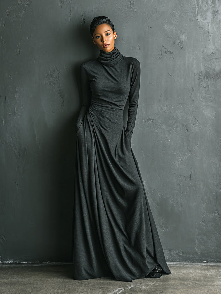 Robe maxi élégante en mélange polyester-coton stretch charbon à col roulé drapé pour femme