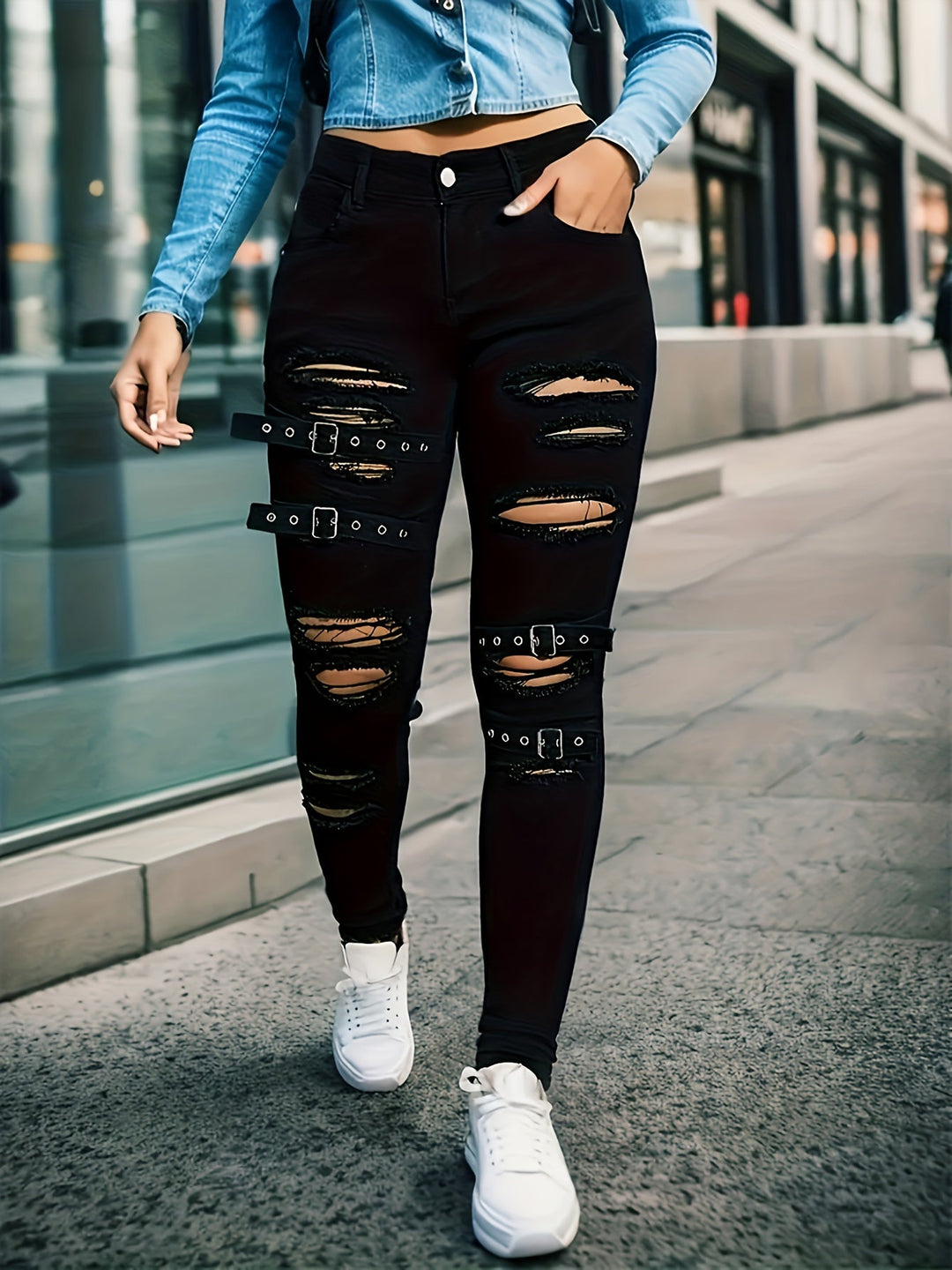 Stylish Black Distressed Buckle Jeans for Women with Buckle Strap Ripped Relaxed Style