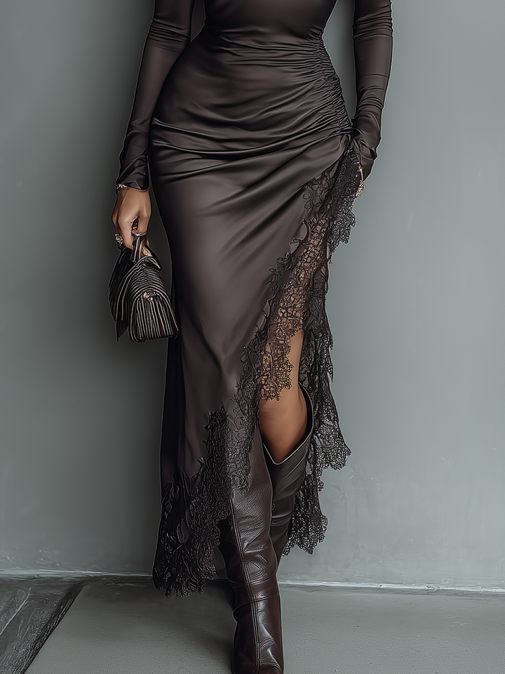 Vestido largo ajustado de satén marrón oscuro con dobladillo irregular de encaje para mujer