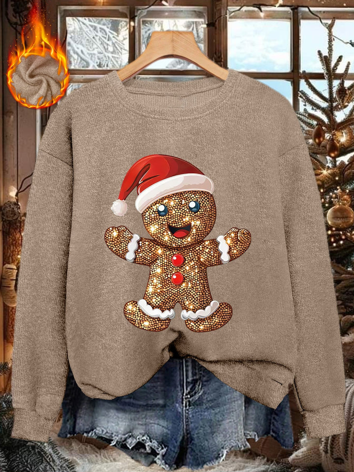 Comfortable Gingerbread Print Christmas Tacky Sweater for Women with Crew Neck Long Sleeve Sequin Graphic Pullover Style