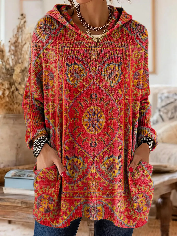 Comfortable Boho Print Tunic Sweater for Women with Hooded Long Sleeve Oversized Pocket Bohemian Style