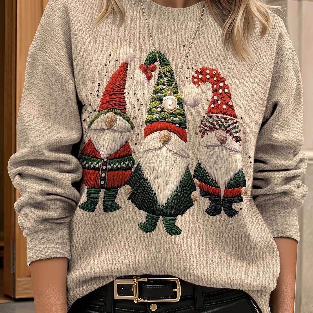 Cozy Embroidered Gnome Print Women's Christmas Sweater with Crew Neck Long Sleeve Oversized Knit Style