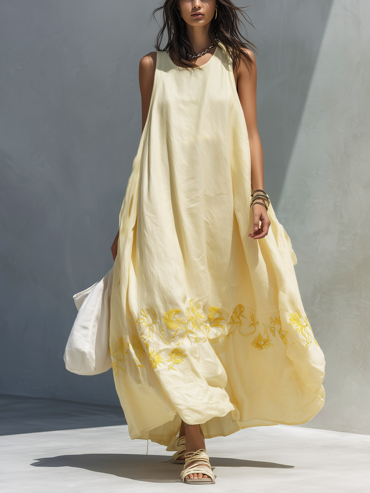 Damen leuchtend gelbes, locker sitzendes, besticktes langes Kleid aus gewebtem Stoff mit rundem Ausschnitt, Resort-Stil