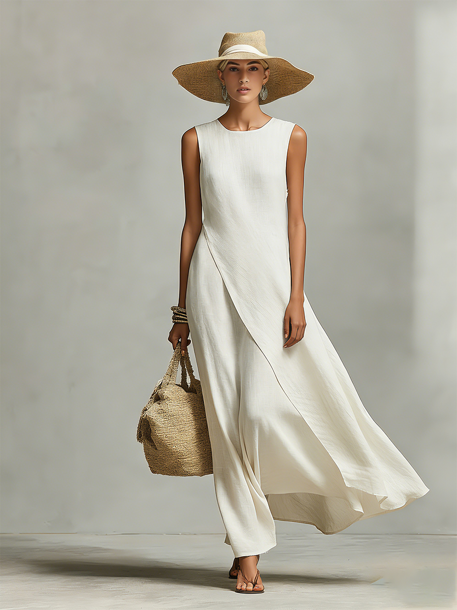 Vestido Feminino Marfim em Linho Respirável com Detalhe Sem Mangas e Barra Assimétrica, Estilo Casual-Feminino Contemporâneo