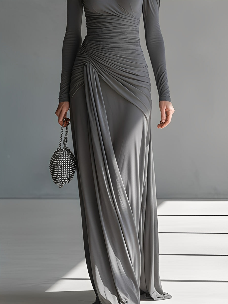 Damen Graues seidiges Stretch anspruchsvolles gerafftes Cut-Out Maxikleid MDA0546K6I