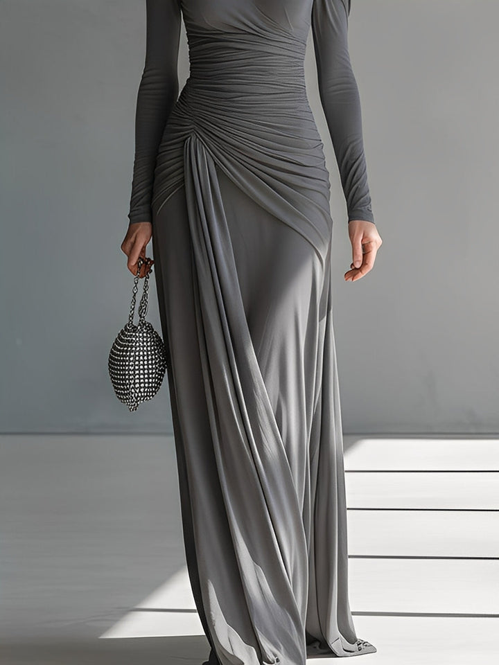 Damen Graues seidiges Stretch anspruchsvolles gerafftes Cut-Out Maxikleid MDA0546K6I