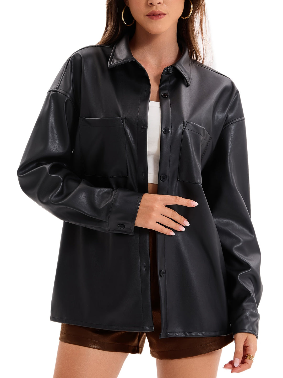 Effortless Leather Jacket for Women with Button Front Collared Oversized Shacket Style