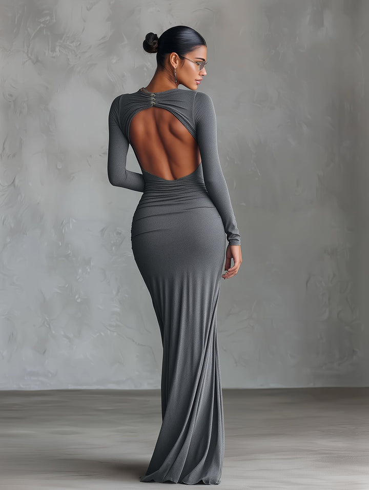 Dámské elegantní šedé maxi šaty z pružné polyester-bavlněné směsi s nařaseným otevřeným zády