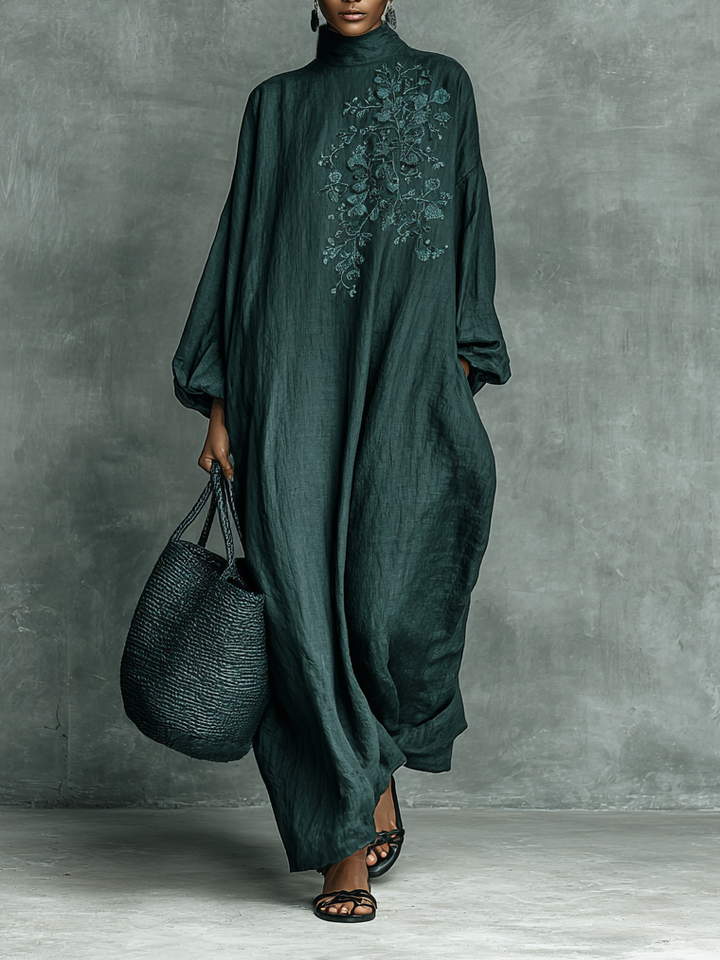 Women's Loose Cotton And Linen Blend Shoulder Embroidery Half-high Collar Long-sleeved Maxi Dress