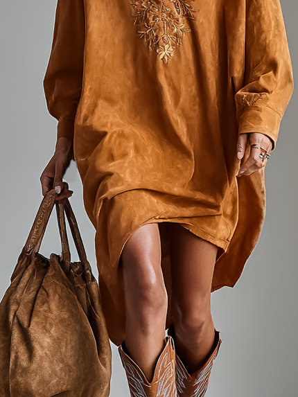 Women's Suede Loose Lapel V-neck Embroidered Long-sleeved Midi Dress