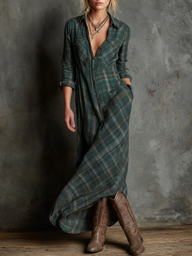Damen Kariertes Revers Einreihiges Hemd Maxikleid MDA1249H1Y