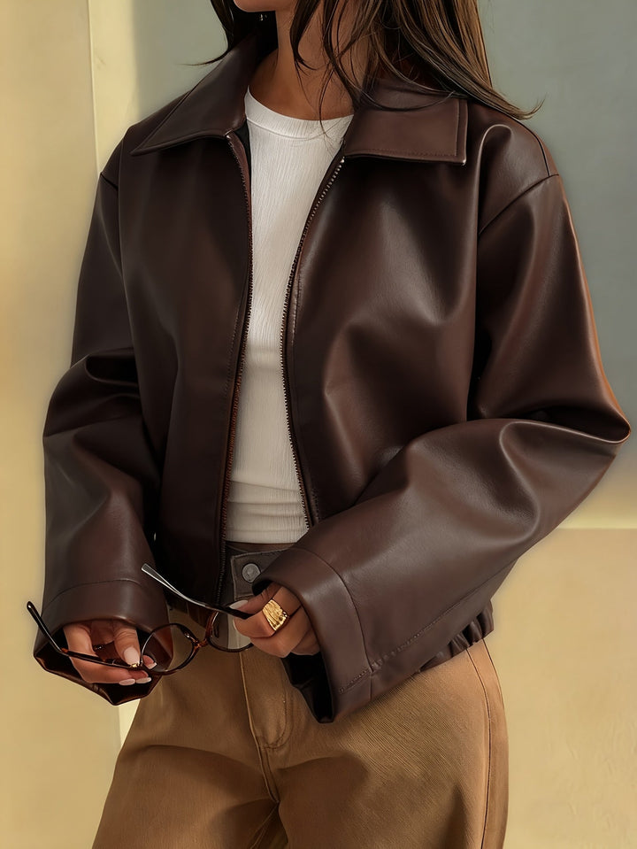 Elegant Brown Leather Jacket for Women with Collar Zip Front Cropped Style