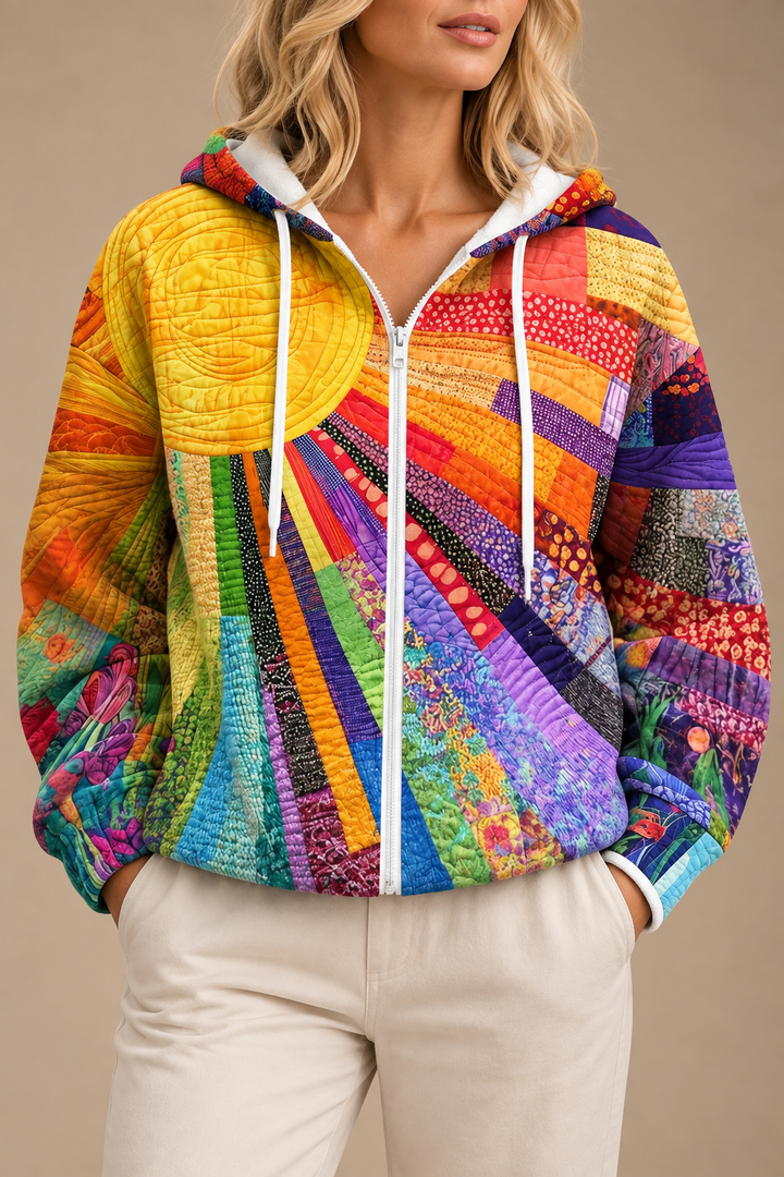 Quilted Zip Up Hoodie for Women – Sunburst Print Cotton Hooded Jacket with Pockets, Cozy Fall Layer