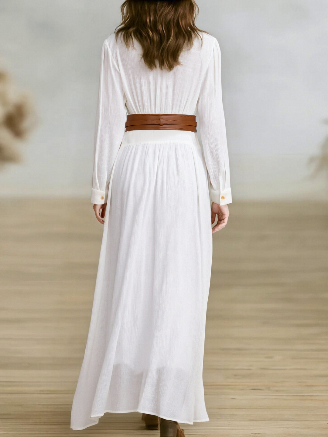 Maxivestido Plisado de Solapa con Botones y Manga Larga de Imitación Algodón y Lino para Mujer