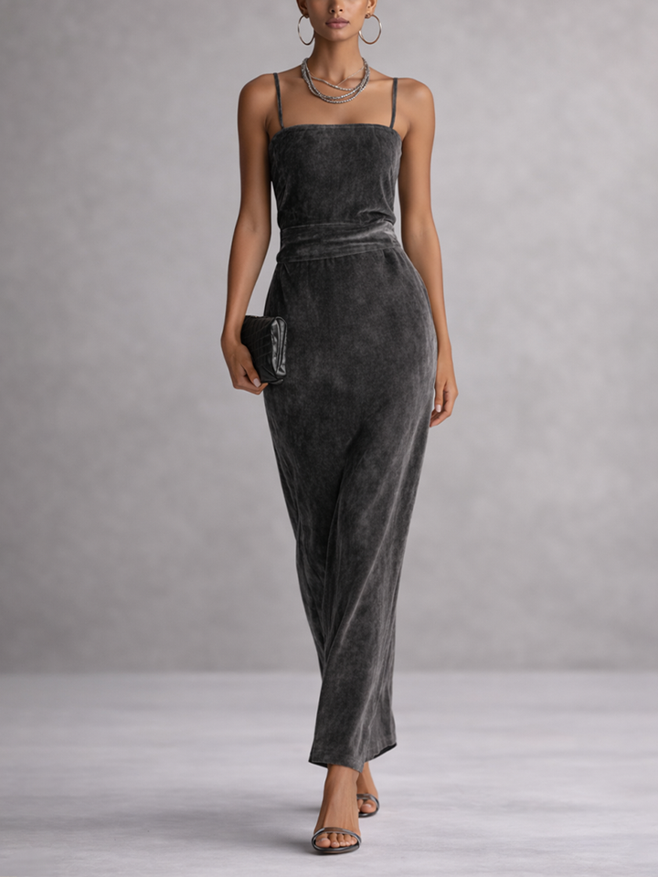 Damen graues Samtkleid mit quadratischem Ausschnitt, Spaghettiträgern und hoher Taille