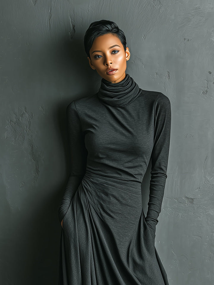 Robe maxi élégante en mélange polyester-coton stretch charbon à col roulé drapé pour femme