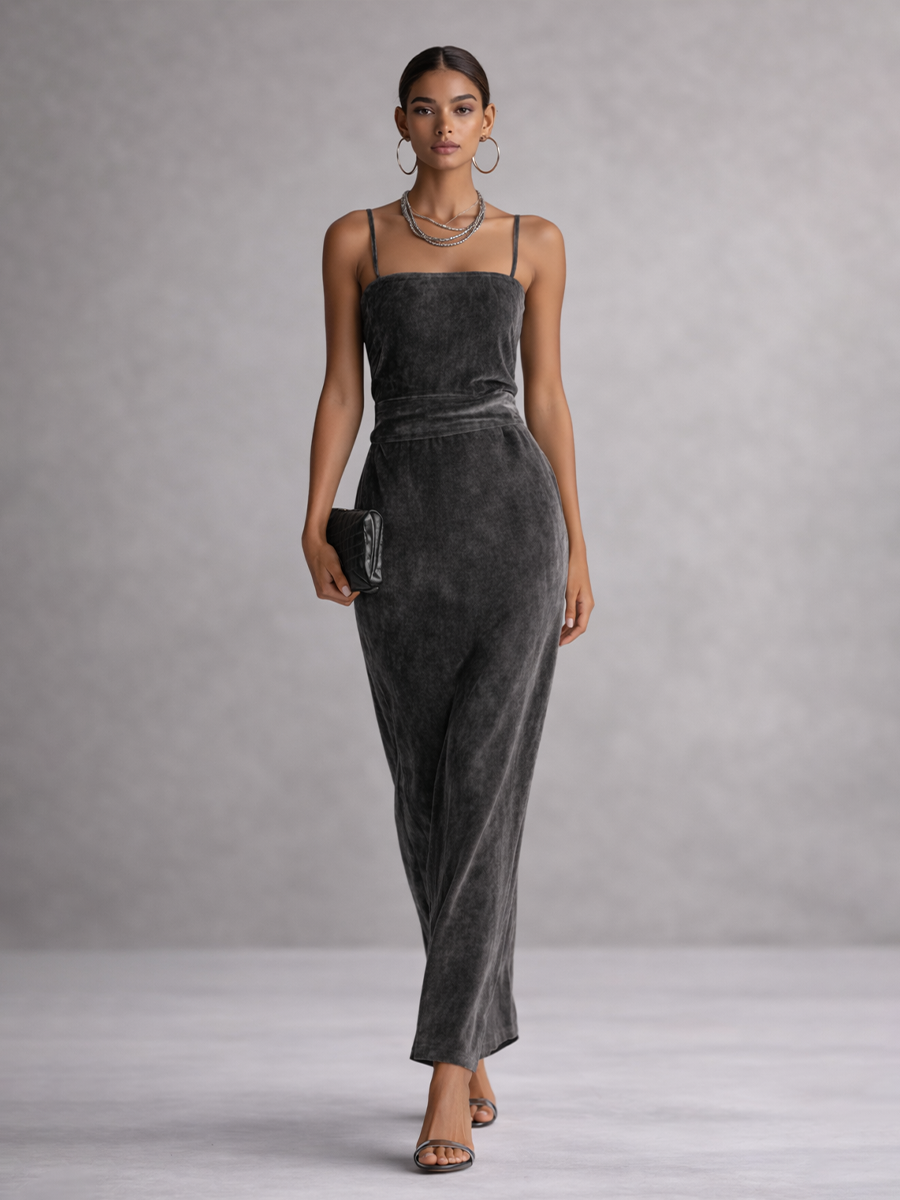 Damen graues Samtkleid mit quadratischem Ausschnitt, Spaghettiträgern und hoher Taille