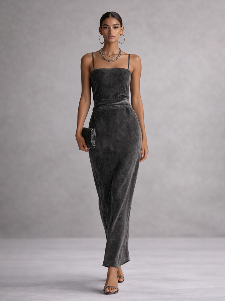 Damen graues Samtkleid mit quadratischem Ausschnitt, Spaghettiträgern und hoher Taille