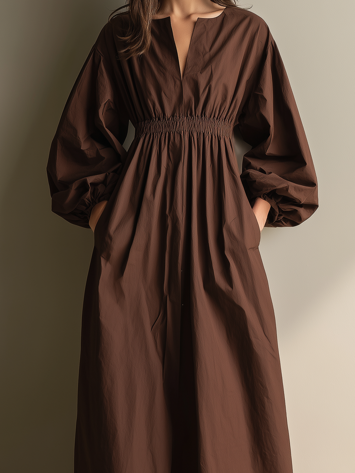 Maxivestido informal de mujer con cuello de pico, manga larga, cintura elástica, de algodón y lino, color marrón
