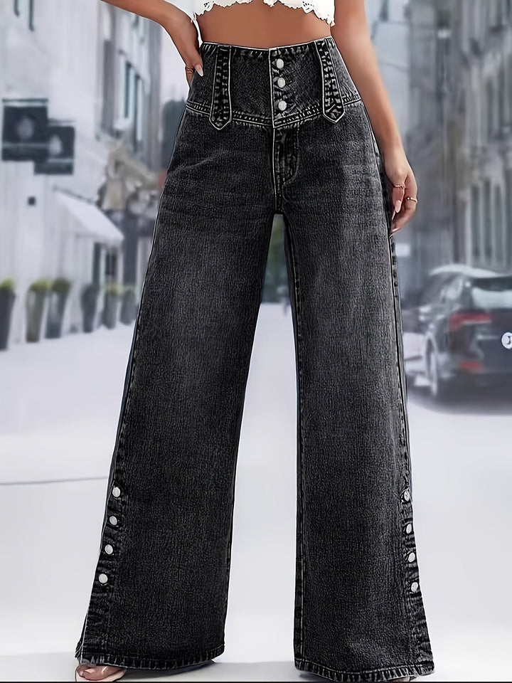 Effortless Black High Waisted Jeans for Women with Button Front Wide Leg Split Hem Style