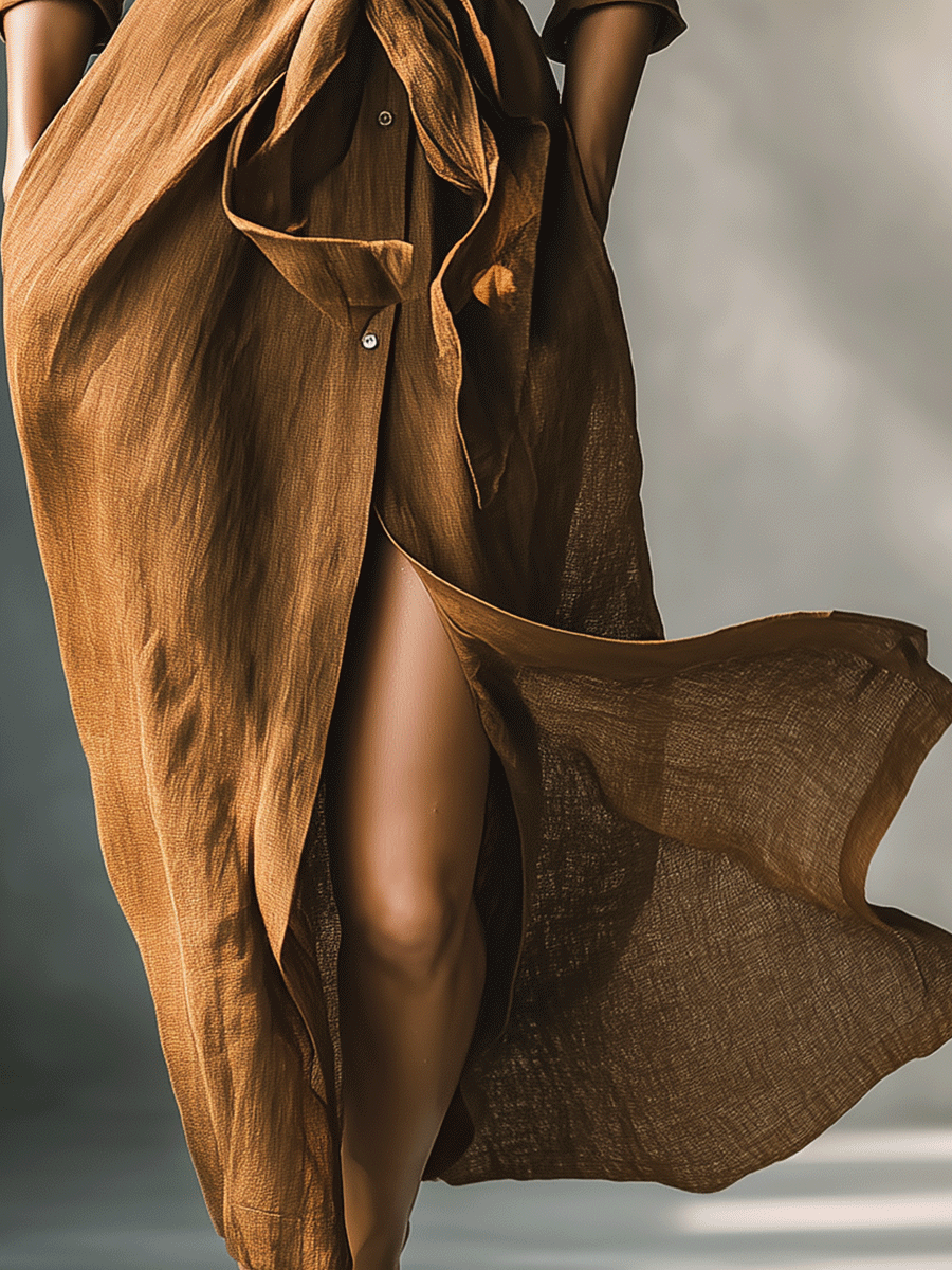 Damen Vintage Maxikleid im Braun-Mix mit Hemdoptik