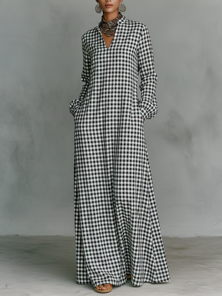 Vestido Maxi Feminino Minimalista Xadrez em Algodão com Decote V e Manga Longa