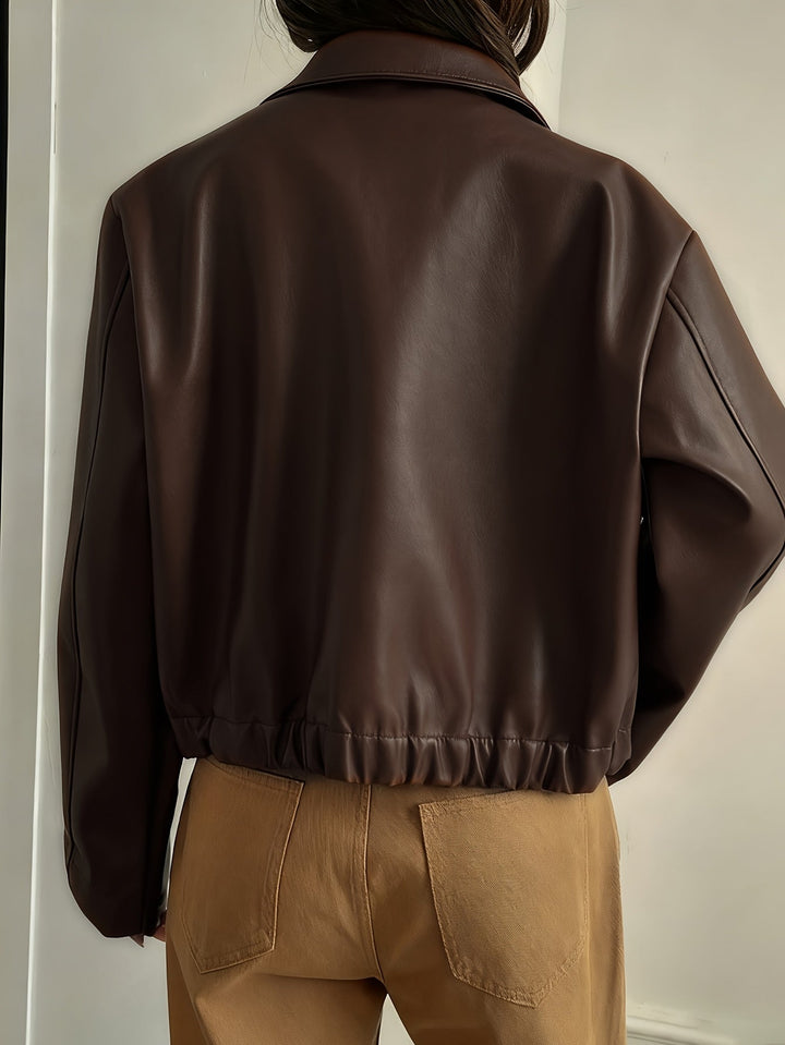 Elegant Brown Leather Jacket for Women with Collar Zip Front Cropped Style