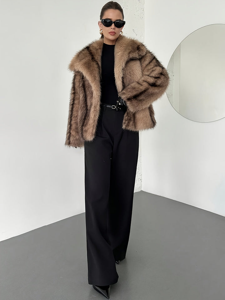 Elegant Khaki Fur Coat for Women with Notch Collar Long Sleeve Oversized Cropped Style