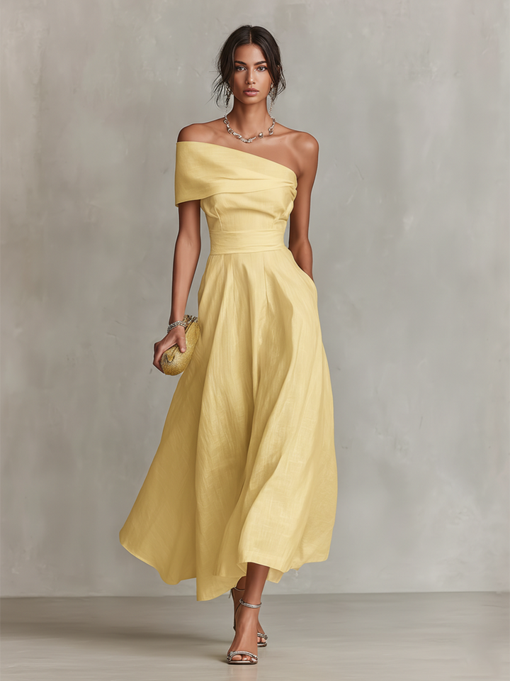Vestido Feminino de Linho Amarelo com Decote de Um Ombro e Cintura Ajustada, Estilo Elegante-Chic Atemporal