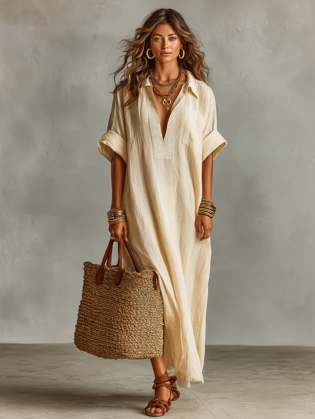 Vestido Maxi Feminino Minimalista Solto com Bordado e Manga Curta