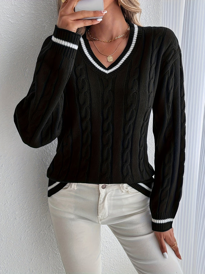 Comfortable Cable Knit Sweater for Women with V Neck Long Sleeve Striped Trim Oversized Knit Style