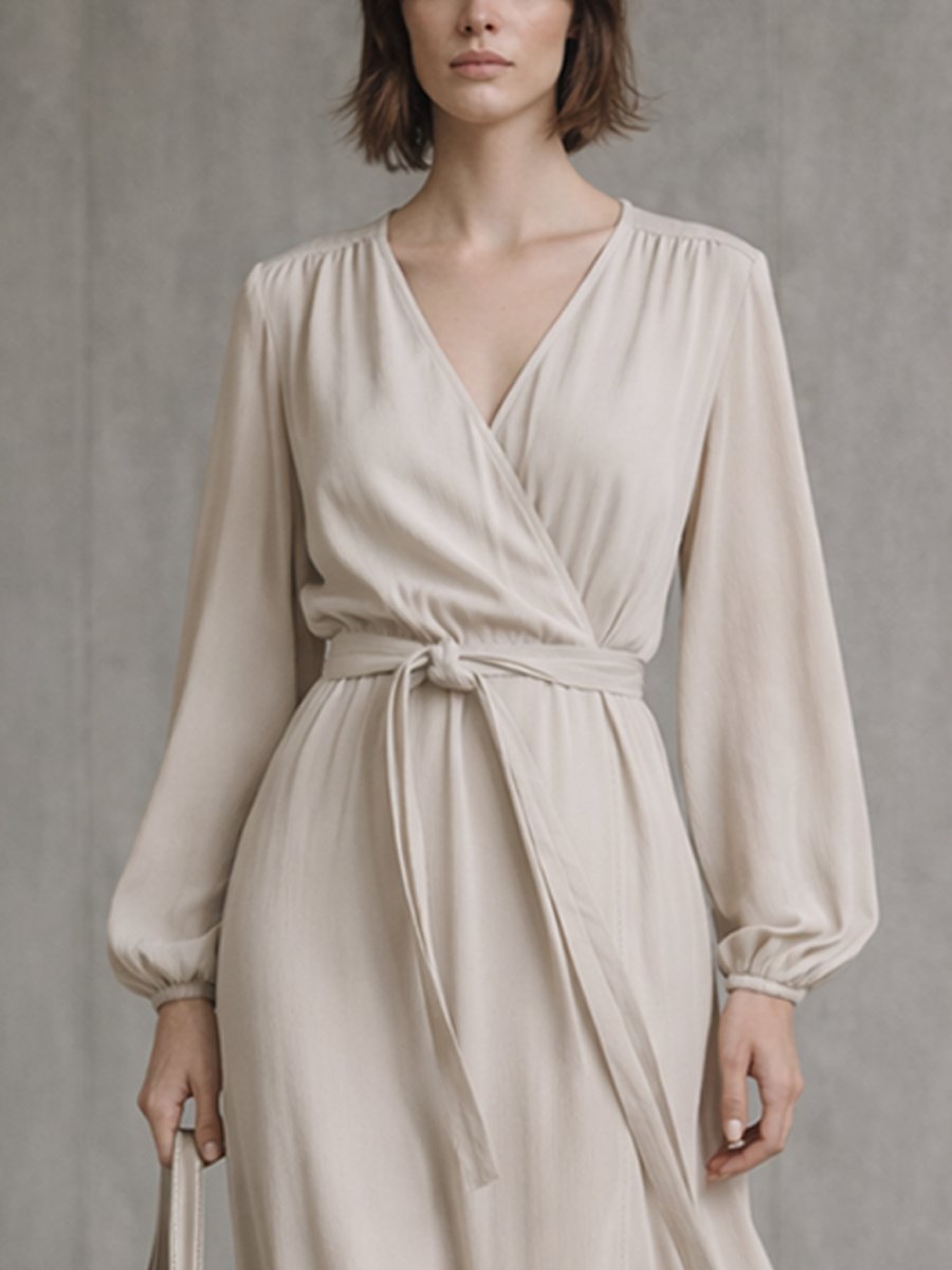 Damen Beiges Baumwollmisch-Midikleid mit langen Ärmeln, Rüschen und Wickeloptik